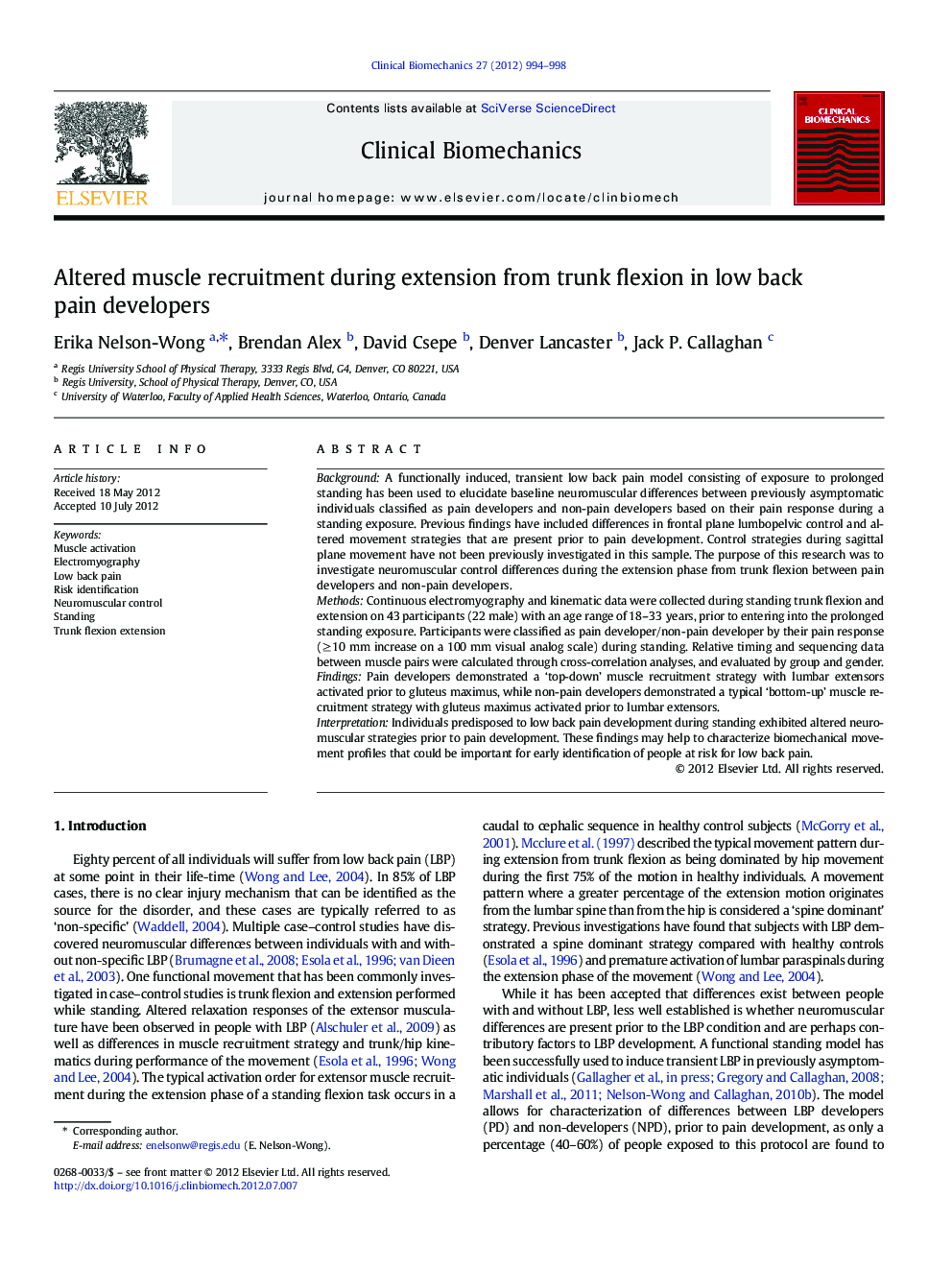 Altered muscle recruitment during extension from trunk flexion in low back pain developers