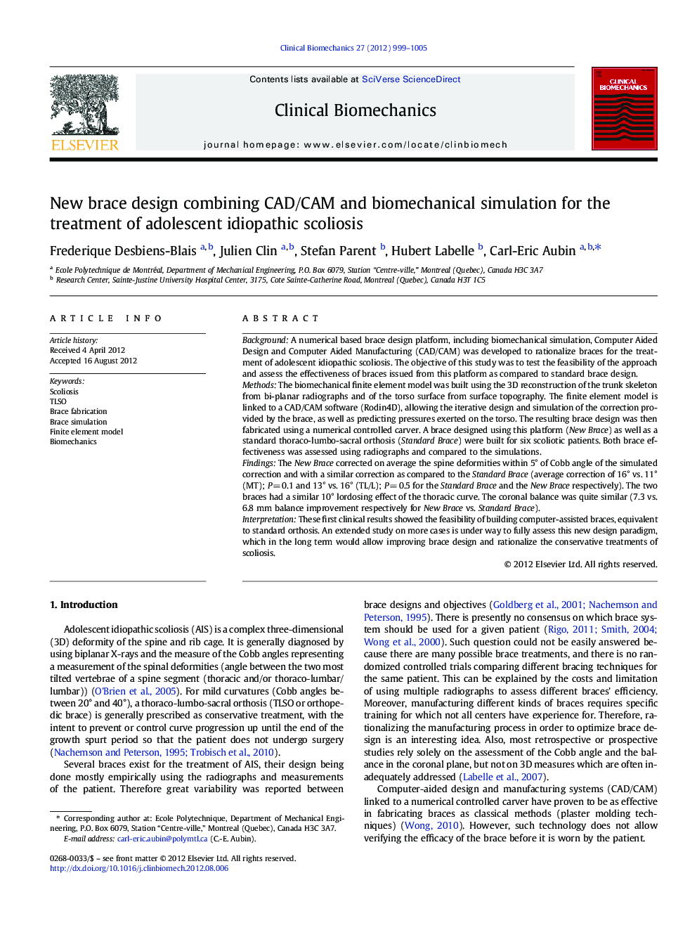 New brace design combining CAD/CAM and biomechanical simulation for the treatment of adolescent idiopathic scoliosis