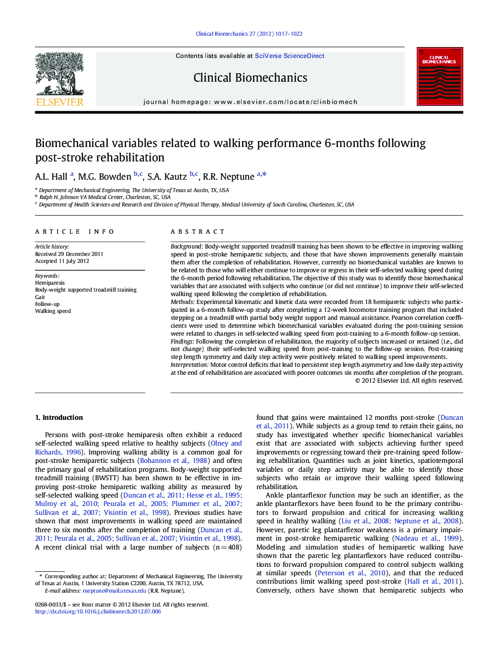 Biomechanical variables related to walking performance 6-months following post-stroke rehabilitation