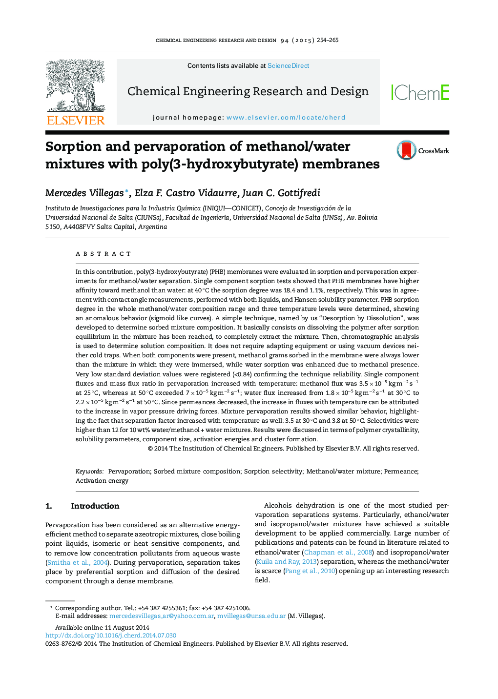 Sorption and pervaporation of methanol/water mixtures with poly(3-hydroxybutyrate) membranes