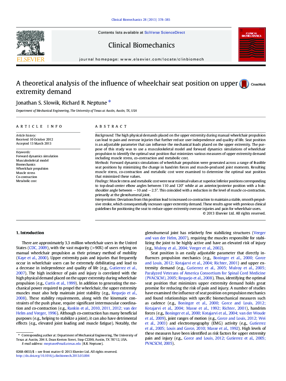 A theoretical analysis of the influence of wheelchair seat position on upper extremity demand