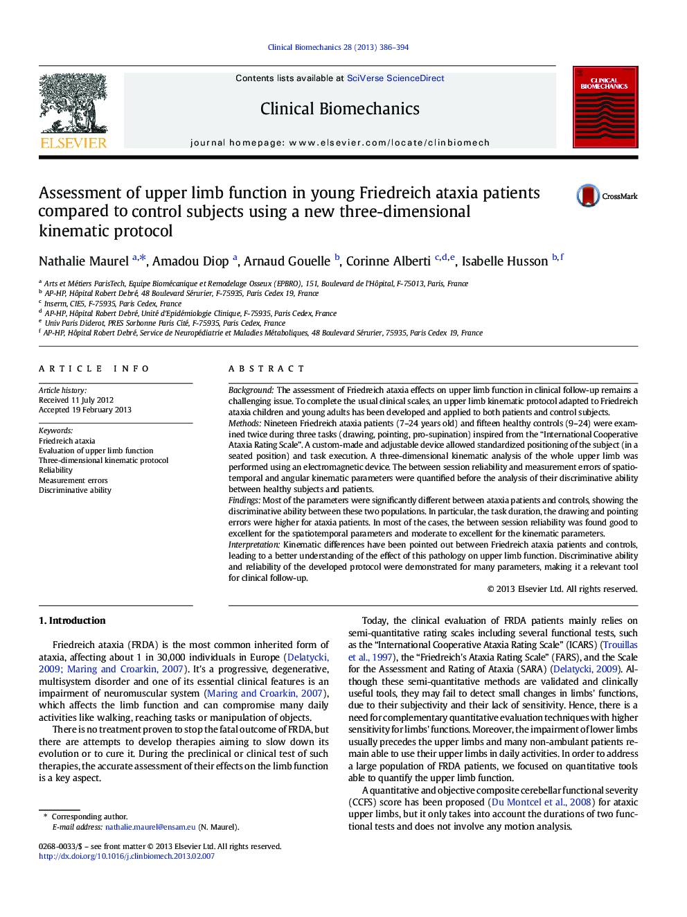 Assessment of upper limb function in young Friedreich ataxia patients compared to control subjects using a new three-dimensional kinematic protocol