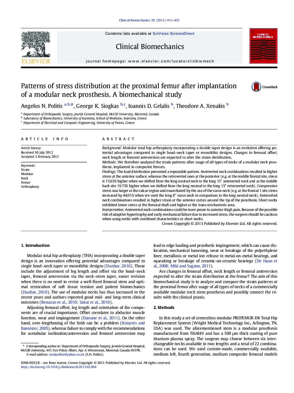 Patterns of stress distribution at the proximal femur after implantation of a modular neck prosthesis. A biomechanical study