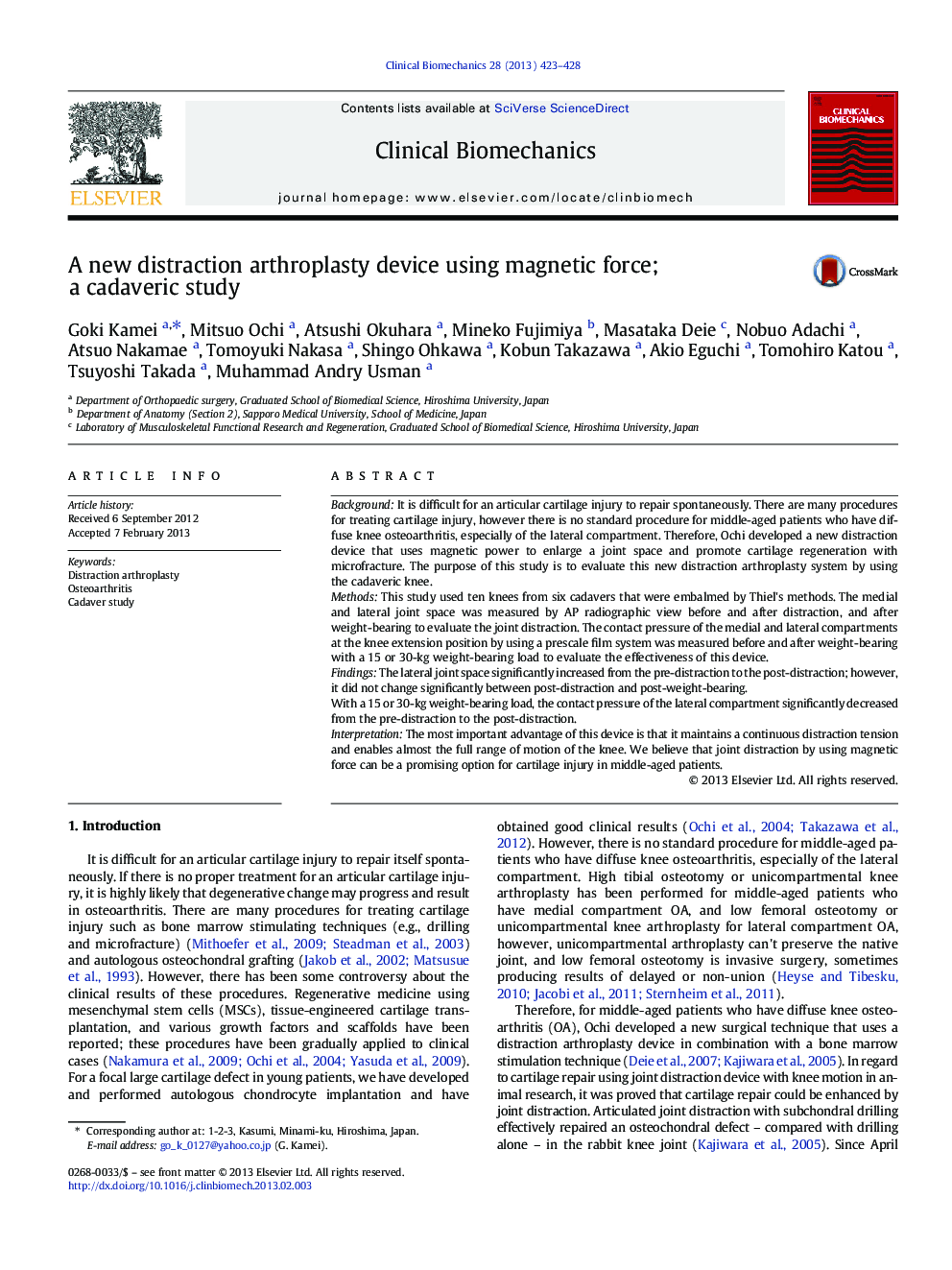 A new distraction arthroplasty device using magnetic force; a cadaveric study