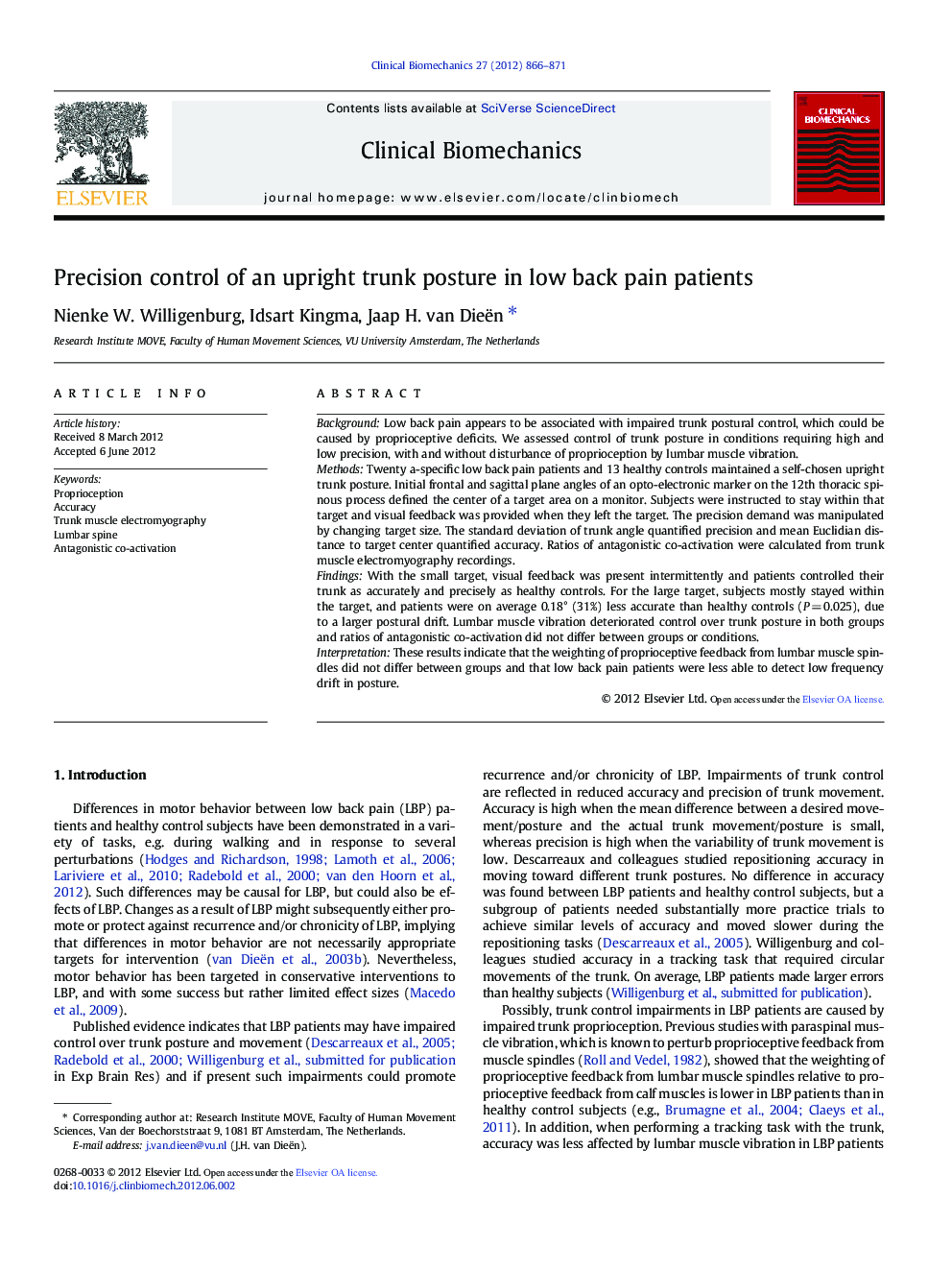 Precision control of an upright trunk posture in low back pain patients