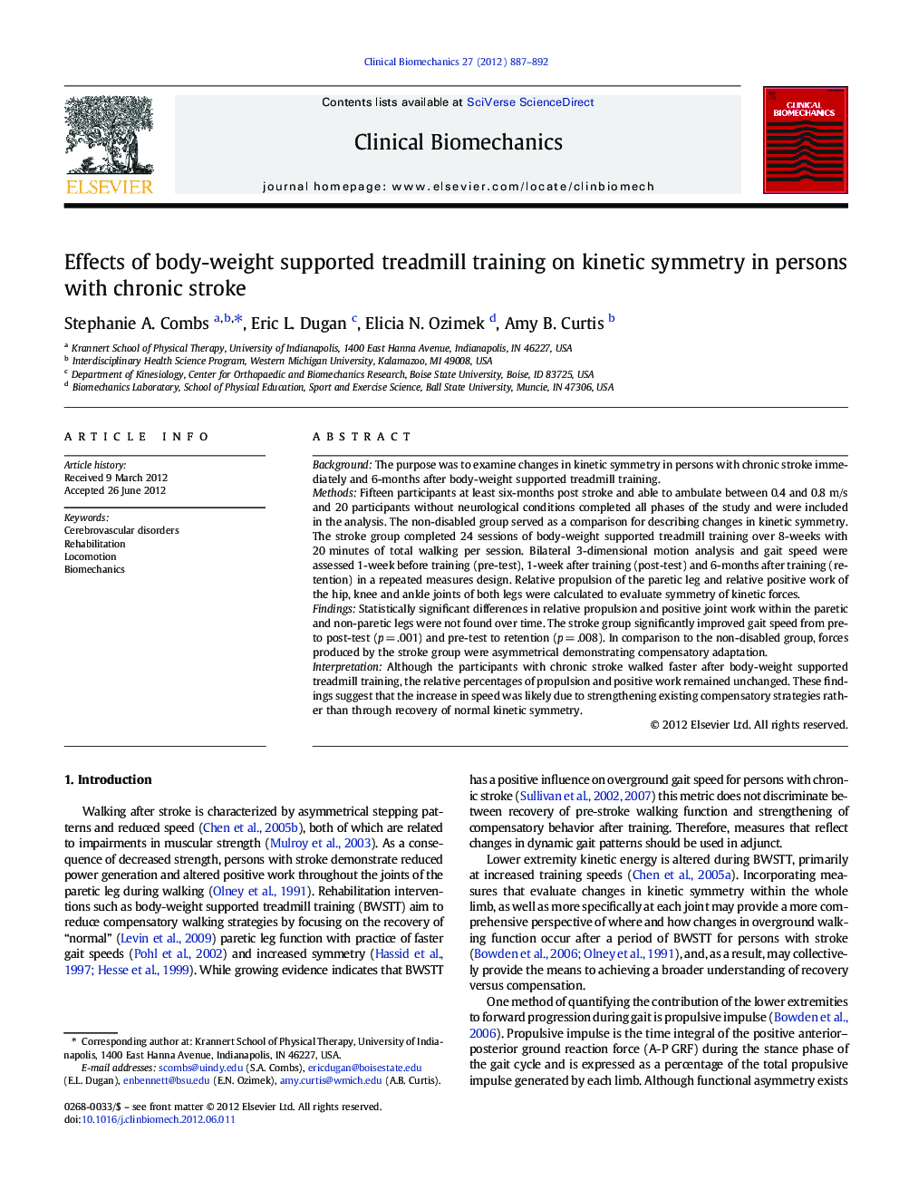 Effects of body-weight supported treadmill training on kinetic symmetry in persons with chronic stroke