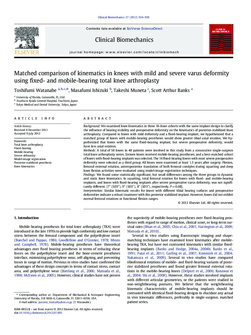 Matched comparison of kinematics in knees with mild and severe varus deformity using fixed- and mobile-bearing total knee arthroplasty