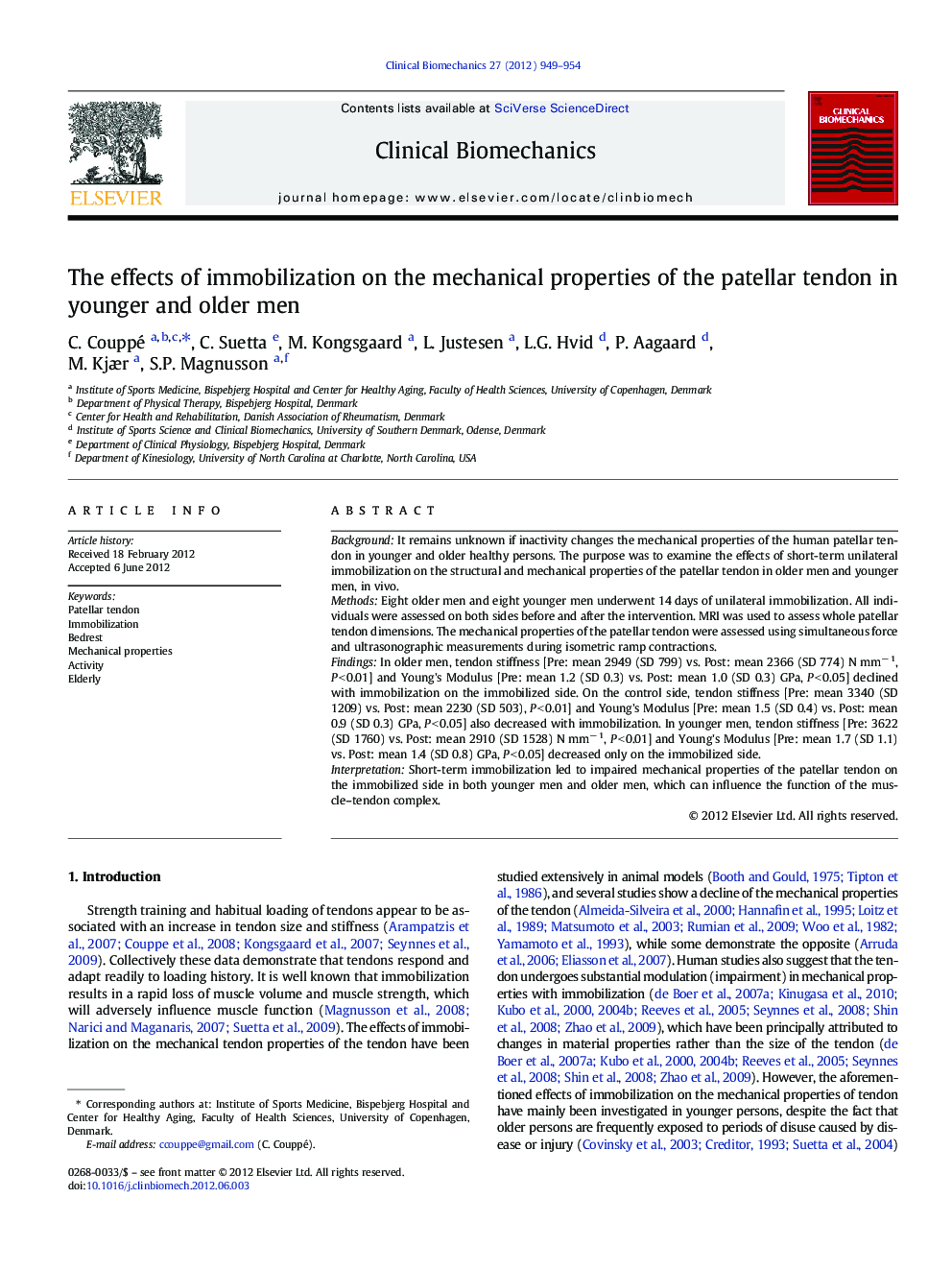 The effects of immobilization on the mechanical properties of the patellar tendon in younger and older men