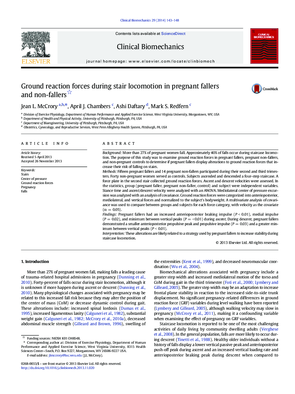 Ground reaction forces during stair locomotion in pregnant fallers and non-fallers