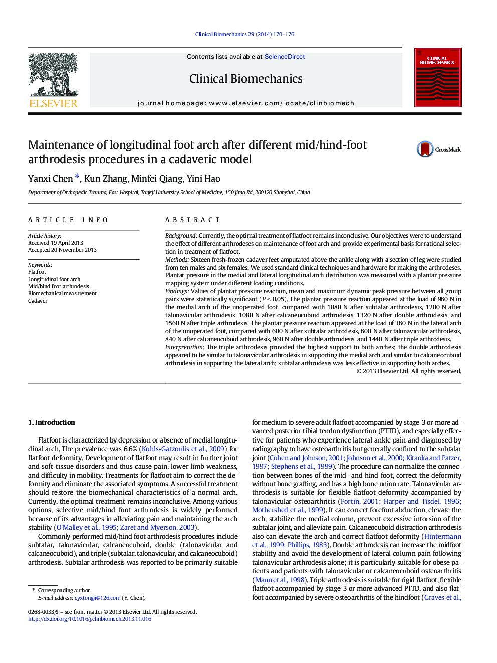 Maintenance of longitudinal foot arch after different mid/hind-foot arthrodesis procedures in a cadaveric model