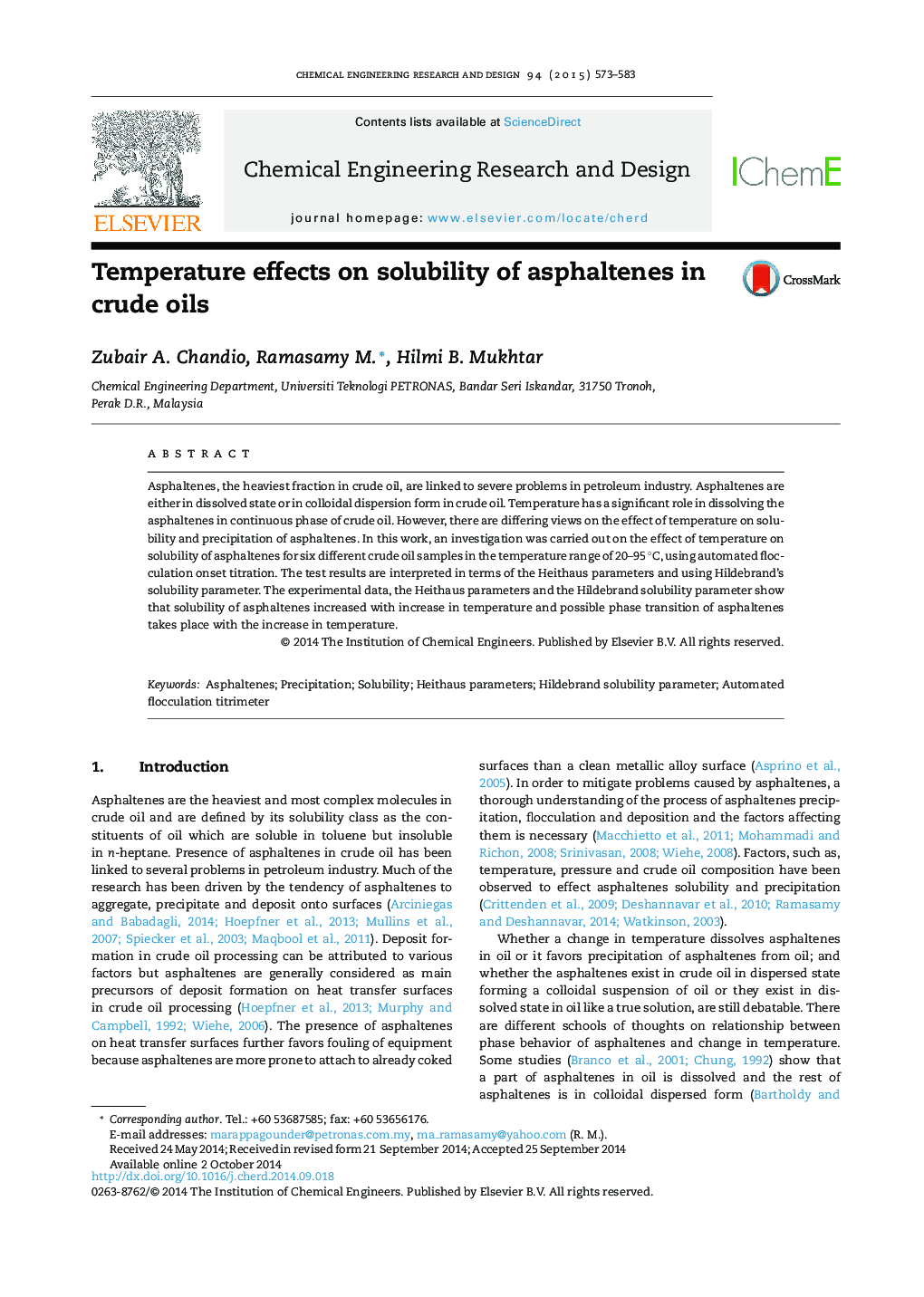 Temperature effects on solubility of asphaltenes in crude oils