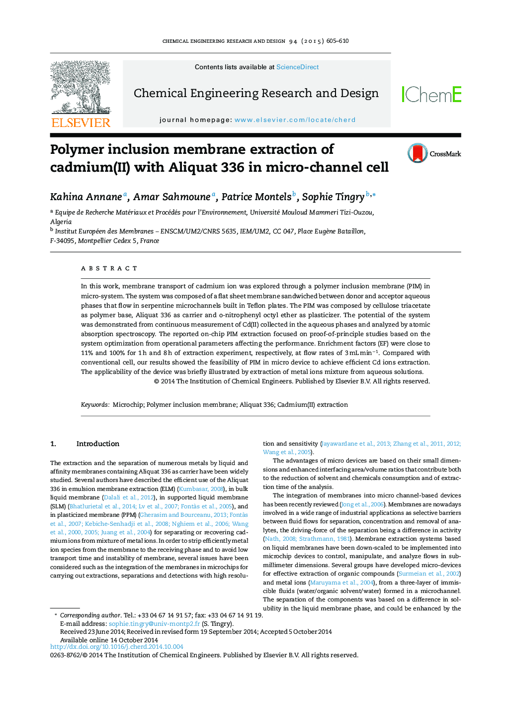 Polymer inclusion membrane extraction of cadmium(II) with Aliquat 336 in micro-channel cell