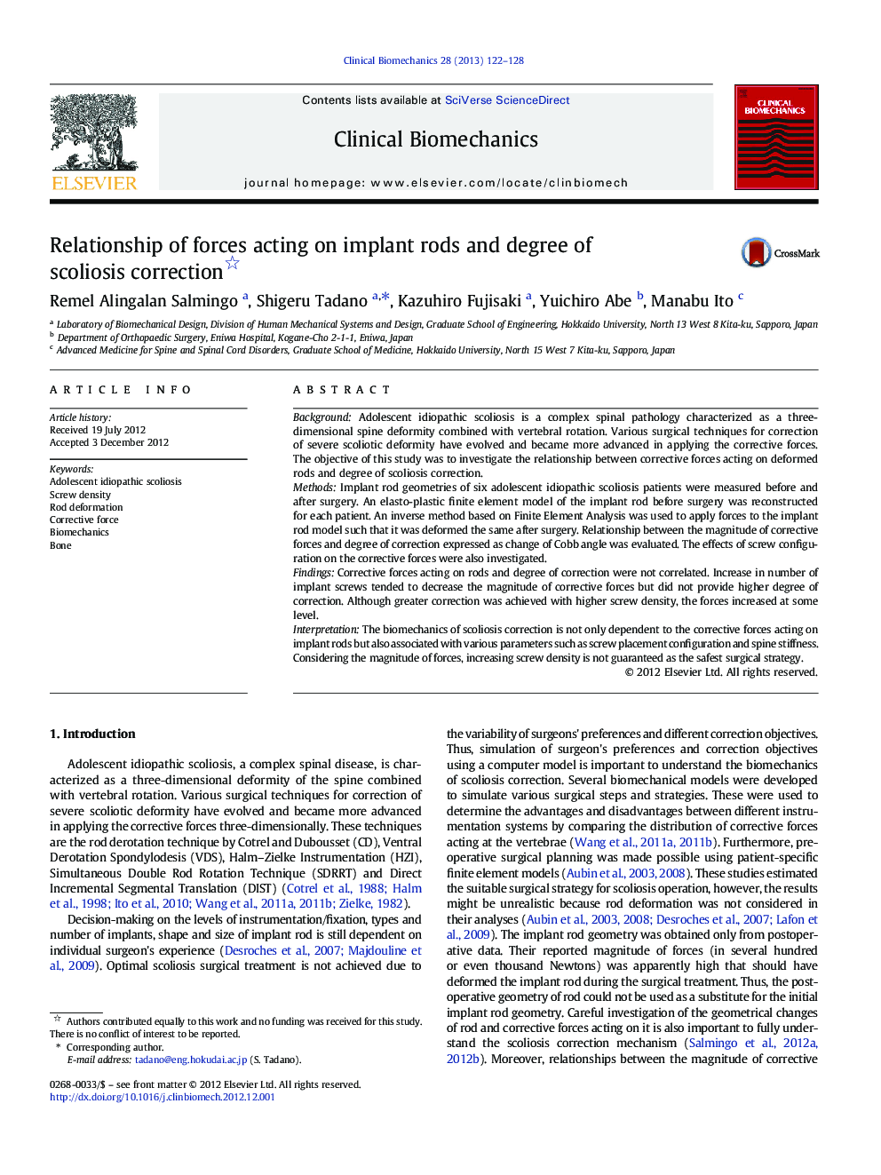 Relationship of forces acting on implant rods and degree of scoliosis correction