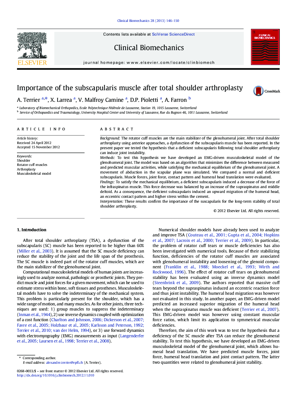 Importance of the subscapularis muscle after total shoulder arthroplasty