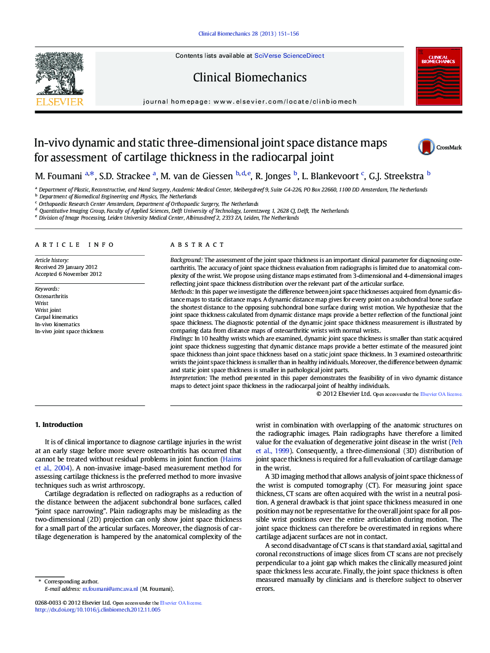 In-vivo dynamic and static three-dimensional joint space distance maps for assessment of cartilage thickness in the radiocarpal joint