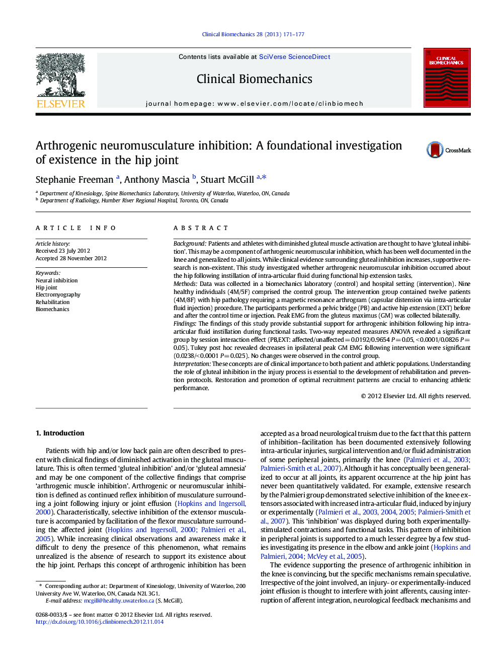 Arthrogenic neuromusculature inhibition: A foundational investigation of existence in the hip joint