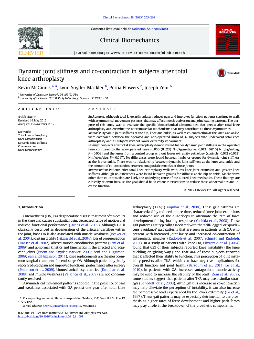 Dynamic joint stiffness and co-contraction in subjects after total knee arthroplasty