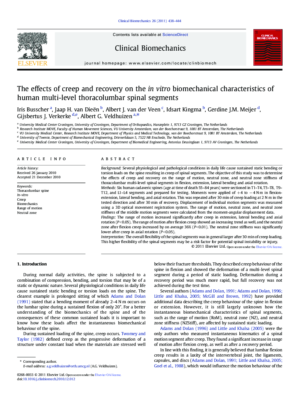 The effects of creep and recovery on the in vitro biomechanical characteristics of human multi-level thoracolumbar spinal segments