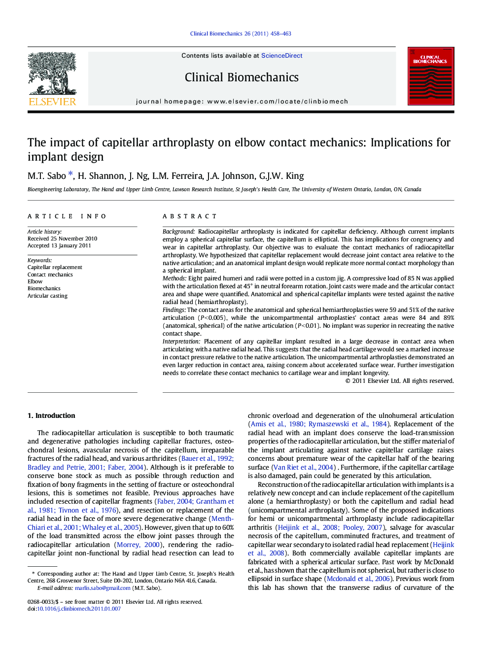 The impact of capitellar arthroplasty on elbow contact mechanics: Implications for implant design