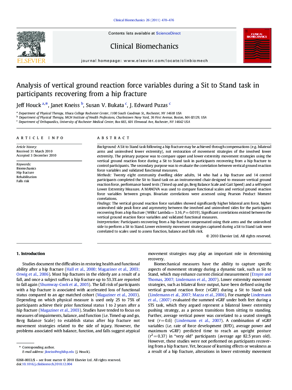 Analysis of vertical ground reaction force variables during a Sit to Stand task in participants recovering from a hip fracture