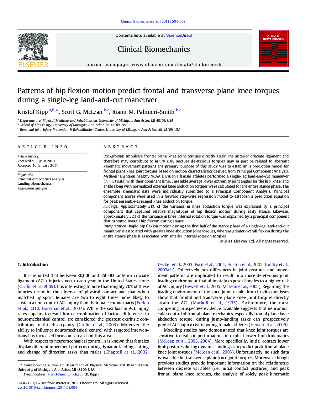 Patterns of hip flexion motion predict frontal and transverse plane knee torques during a single-leg land-and-cut maneuver