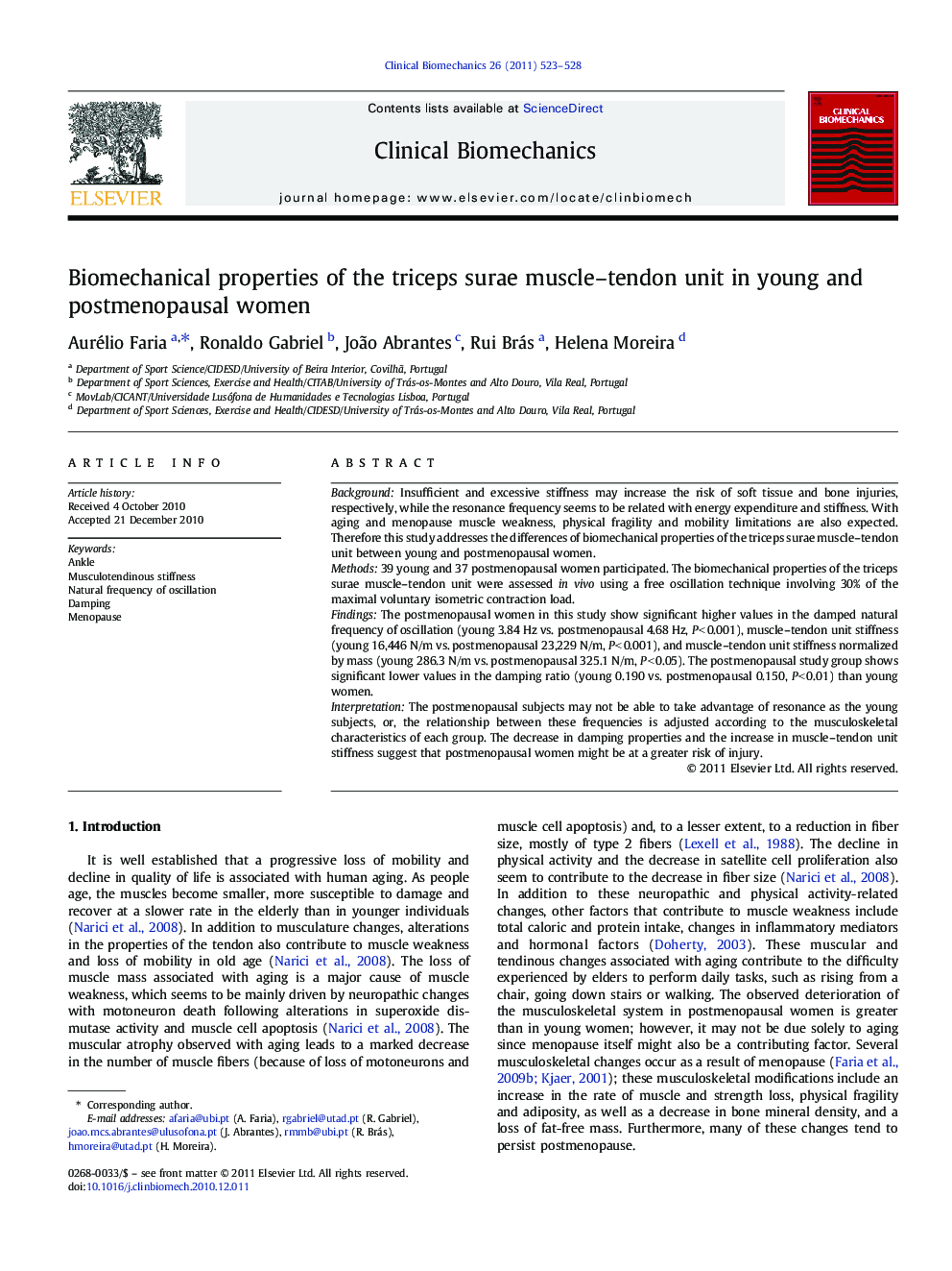 Biomechanical properties of the triceps surae muscle-tendon unit in young and postmenopausal women