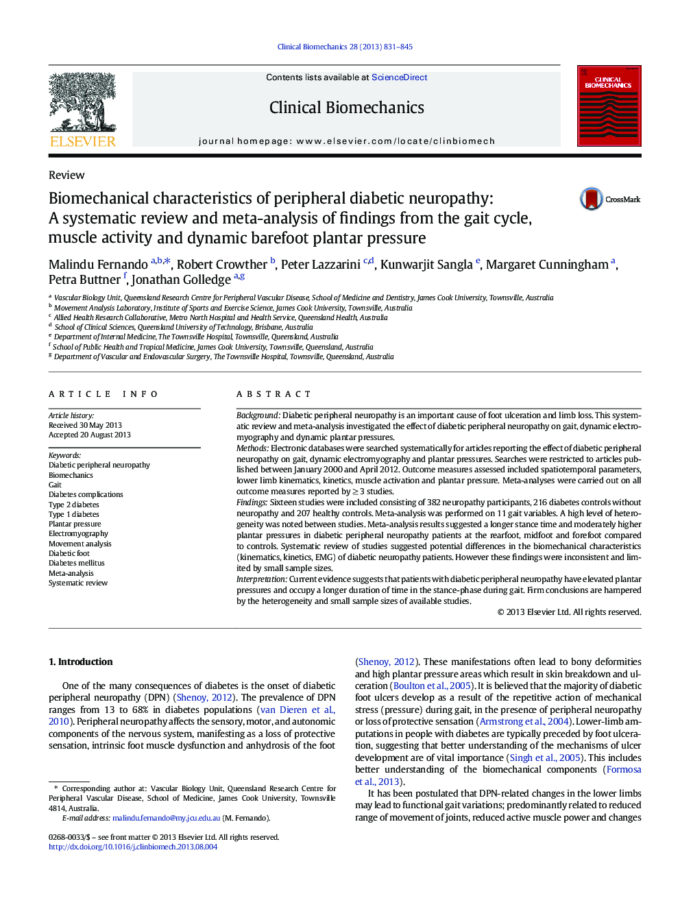 ویژگی های بیومکانیک نوروپاتی دیابتی محیطی: یک بررسی سیستماتیک و متاآنالیز یافته ها از چرخه راه رفتن، فعالیت عضلانی و فشار پاستای پابرهنه 