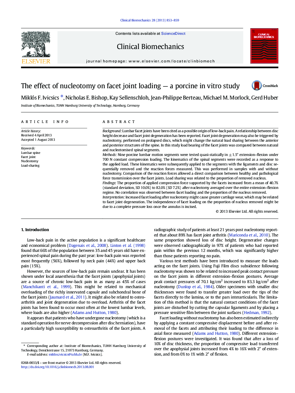 The effect of nucleotomy on facet joint loading - a porcine in vitro study