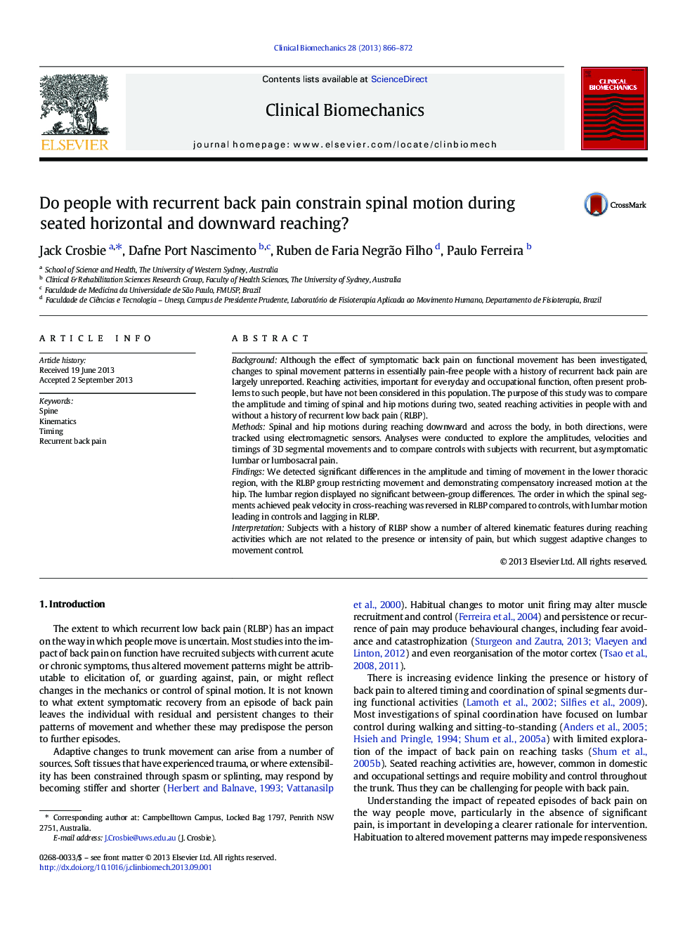 Do people with recurrent back pain constrain spinal motion during seated horizontal and downward reaching?