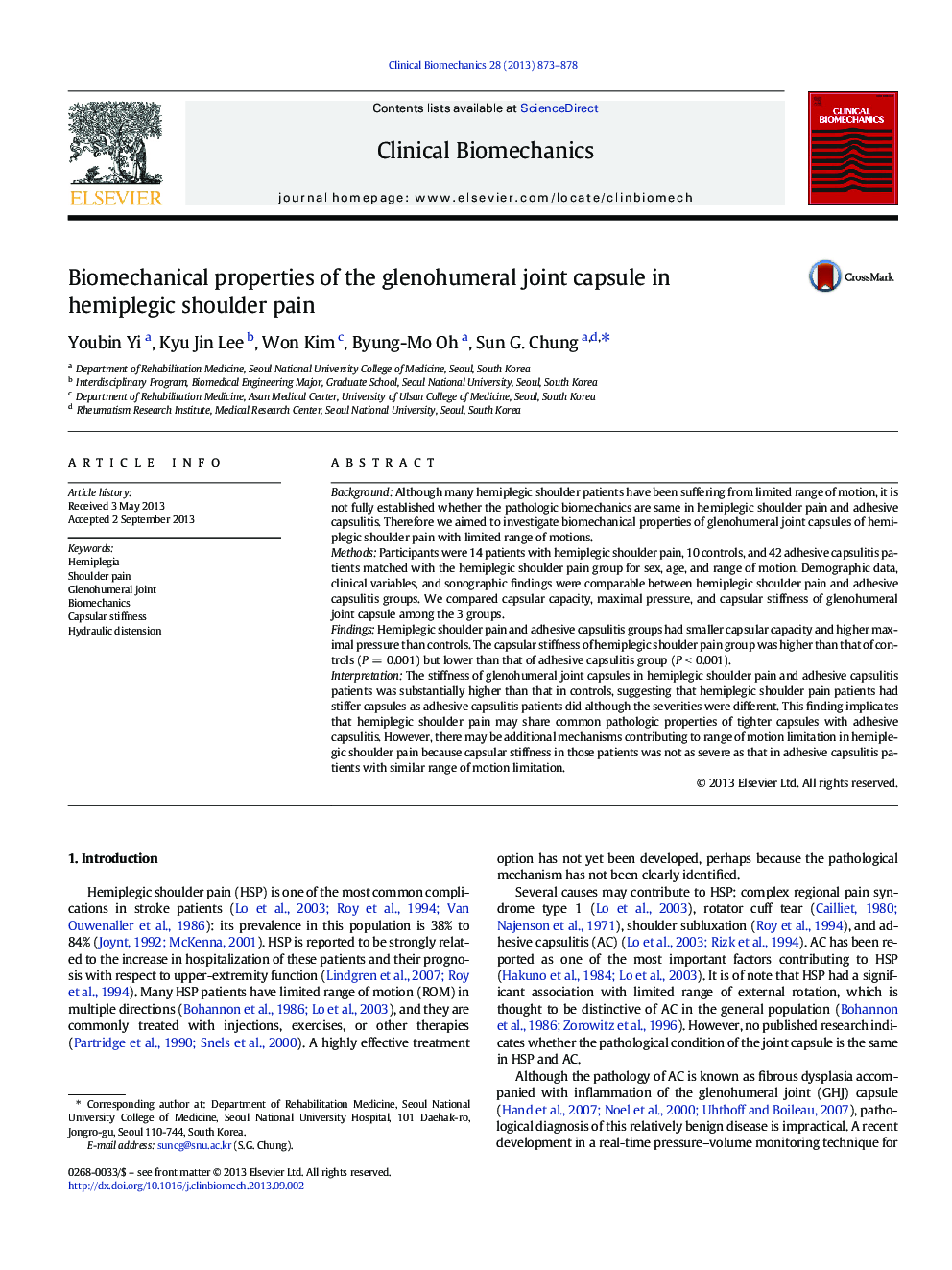 Biomechanical properties of the glenohumeral joint capsule in hemiplegic shoulder pain