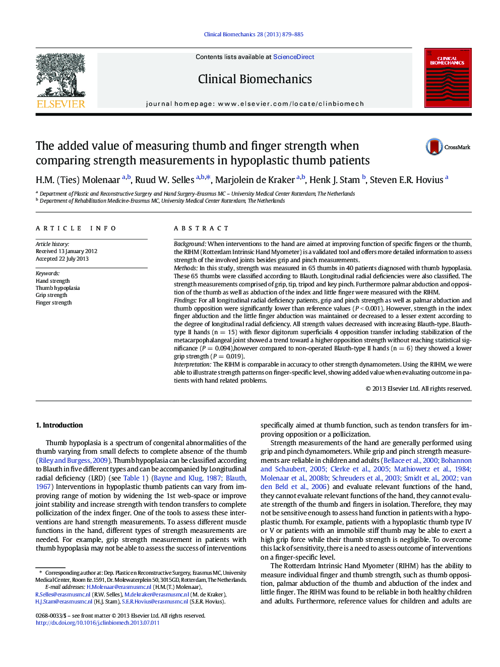 The added value of measuring thumb and finger strength when comparing strength measurements in hypoplastic thumb patients