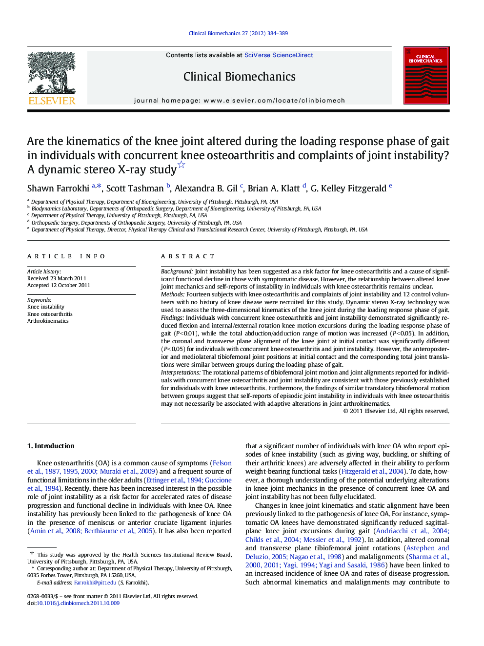 Are the kinematics of the knee joint altered during the loading response phase of gait in individuals with concurrent knee osteoarthritis and complaints of joint instability? A dynamic stereo X-ray study