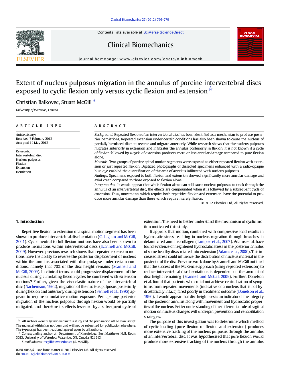 Extent of nucleus pulposus migration in the annulus of porcine intervertebral discs exposed to cyclic flexion only versus cyclic flexion and extension