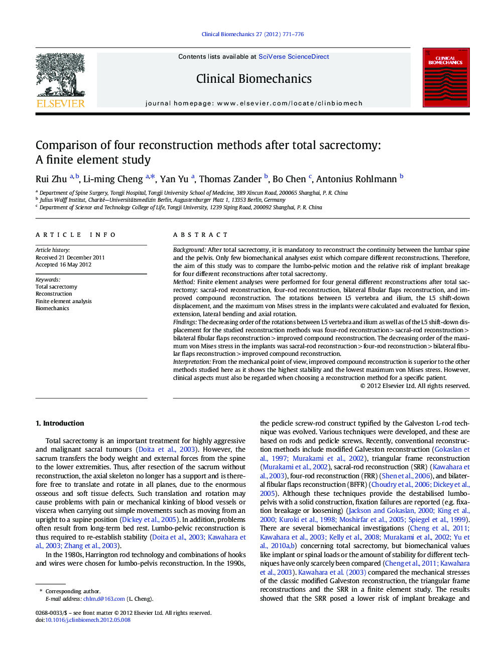 Comparison of four reconstruction methods after total sacrectomy: A finite element study