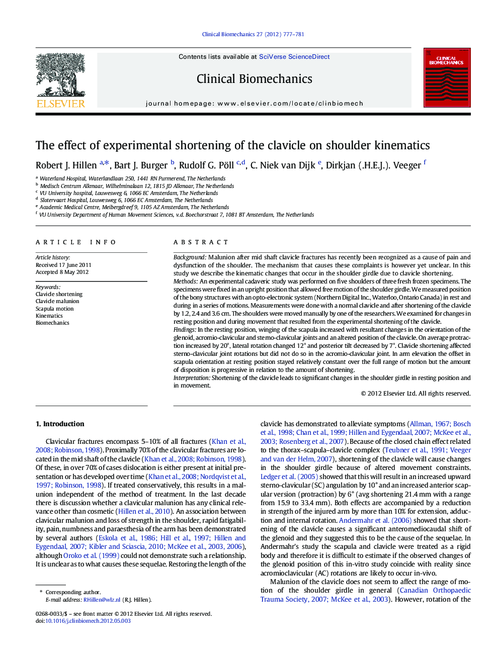 The effect of experimental shortening of the clavicle on shoulder kinematics