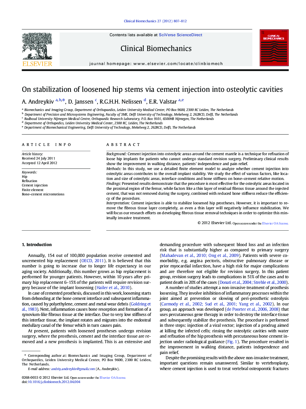 On stabilization of loosened hip stems via cement injection into osteolytic cavities