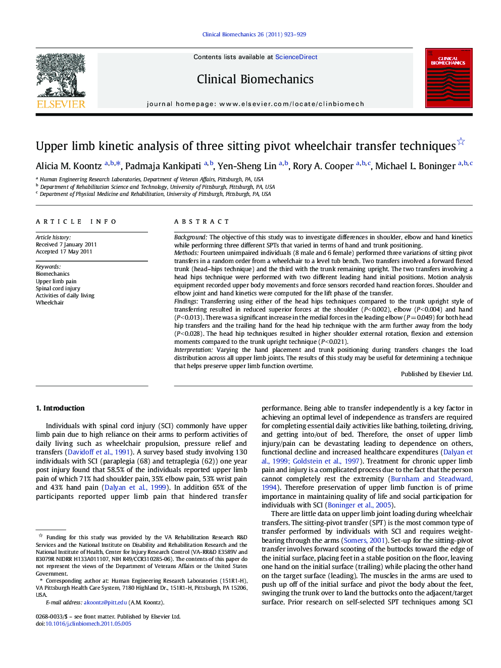 Upper limb kinetic analysis of three sitting pivot wheelchair transfer techniques