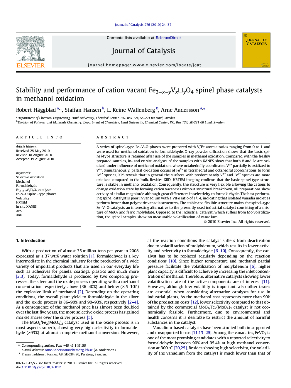 Stability and performance of cation vacant Fe3−x−yVx□yO4 spinel phase catalysts in methanol oxidation