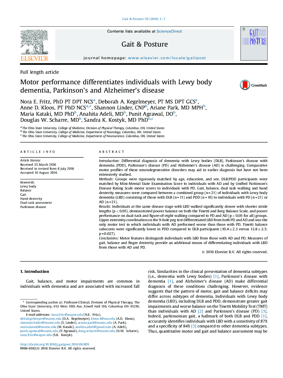 Motor performance differentiates individuals with Lewy body dementia, Parkinson's and Alzheimer's disease