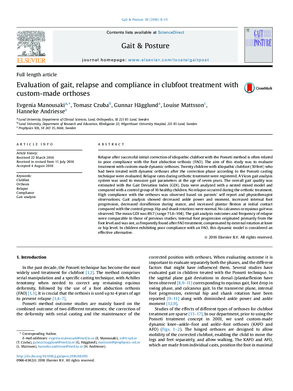 Evaluation of gait, relapse and compliance in clubfoot treatment with custom-made orthoses
