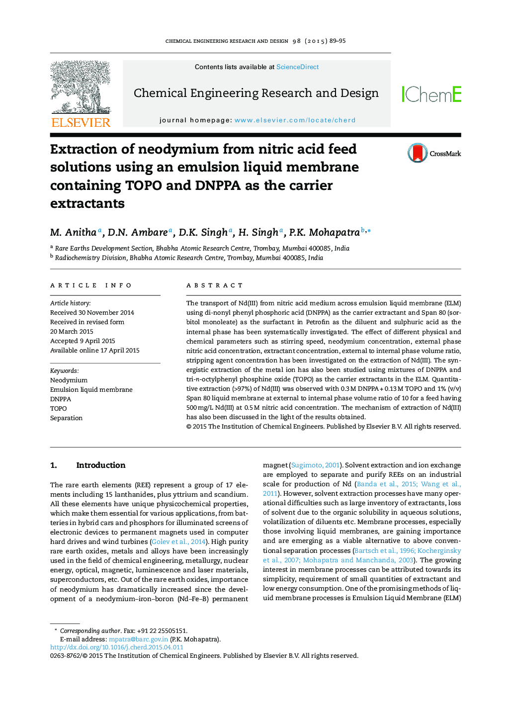 Extraction of neodymium from nitric acid feed solutions using an emulsion liquid membrane containing TOPO and DNPPA as the carrier extractants