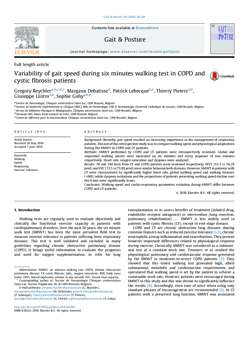 عکس صفحه اول مقاله: Variability of gait speed during six minutes walking test in COPD and cystic fibrosis patients Variability of gait speed during six minutes walking test in COPD and cystic fibrosis patients