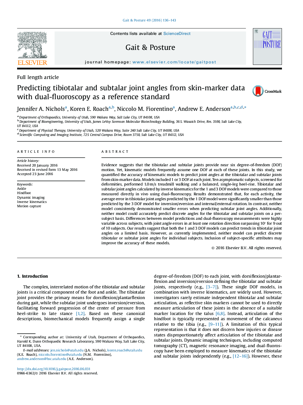 Predicting tibiotalar and subtalar joint angles from skin-marker data with dual-fluoroscopy as a reference standard