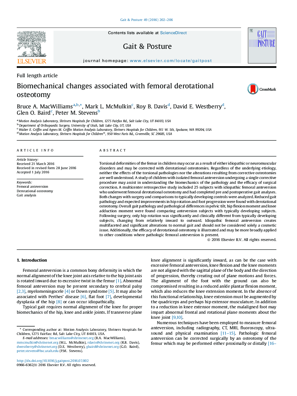 Biomechanical changes associated with femoral derotational osteotomy