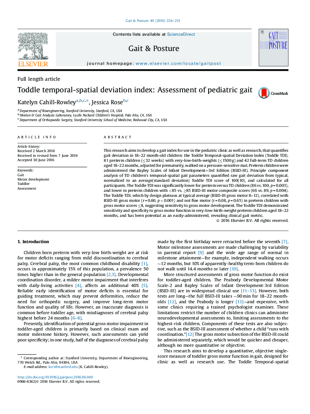 Toddle temporal-spatial deviation index: Assessment of pediatric gait