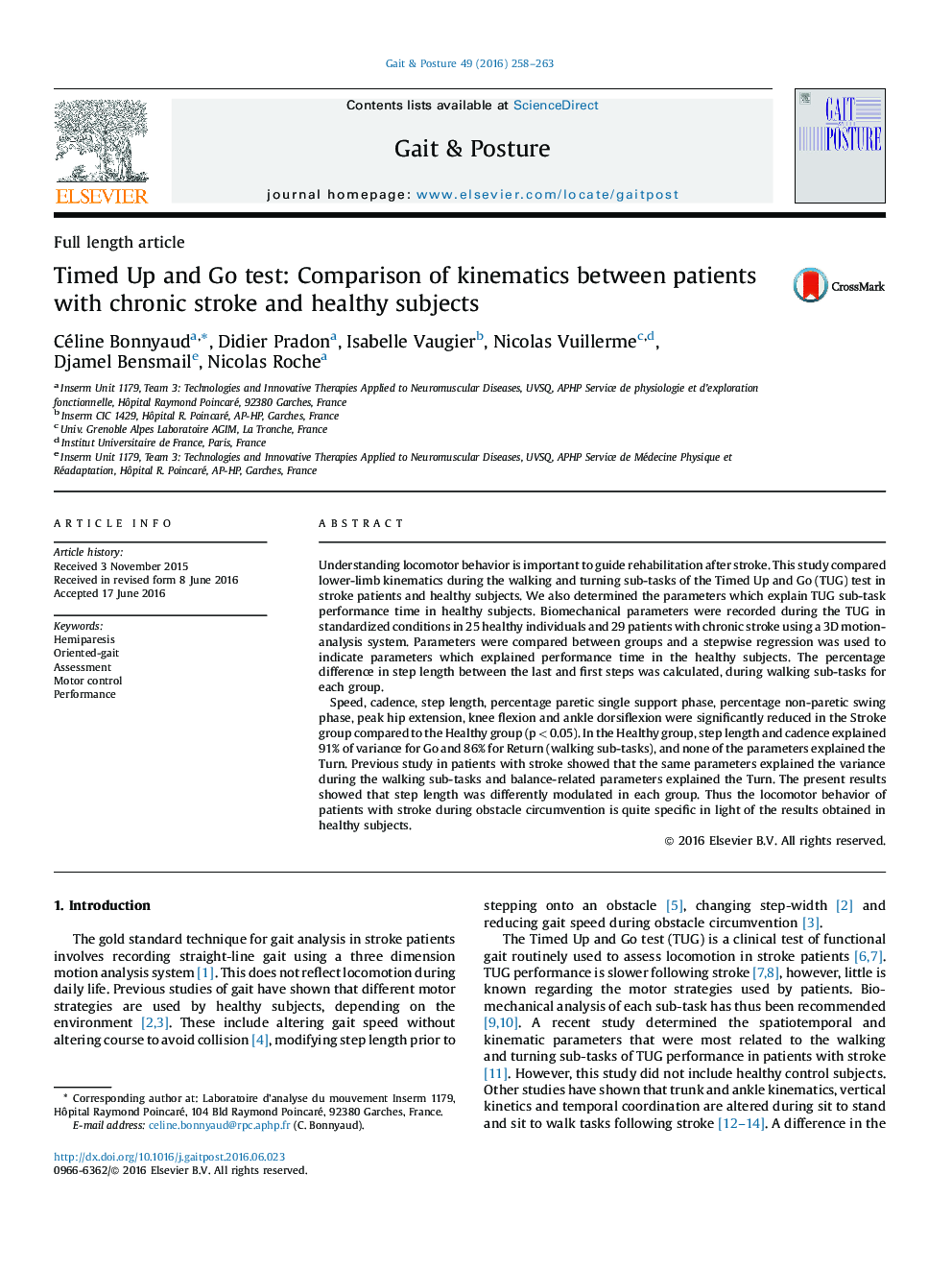 Timed Up and Go test: Comparison of kinematics between patients with chronic stroke and healthy subjects