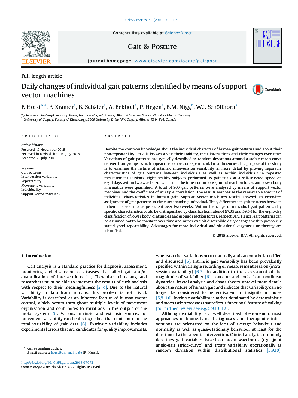 Daily changes of individual gait patterns identified by means of support vector machines