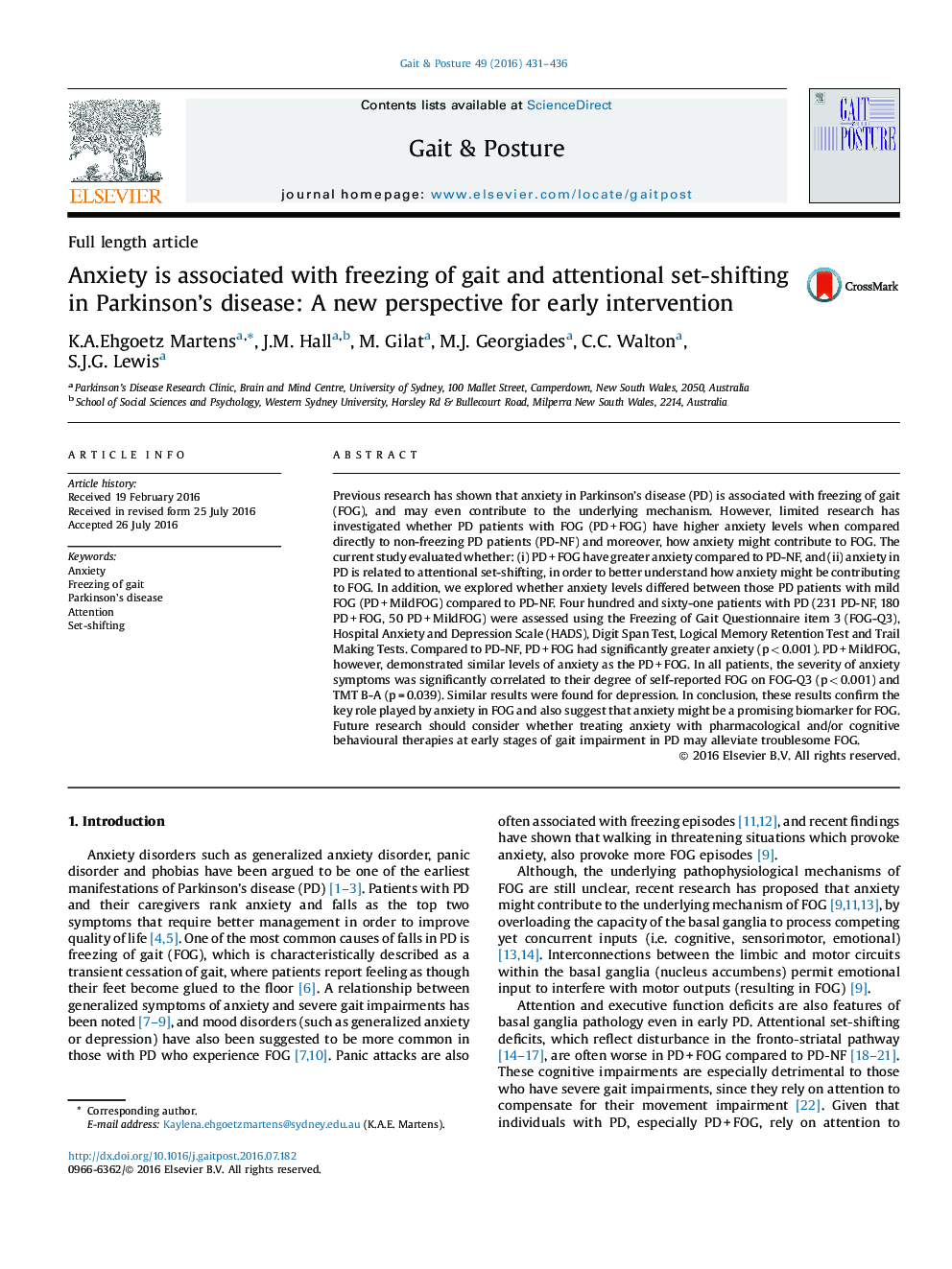 Anxiety is associated with freezing of gait and attentional set-shifting in Parkinson's disease: A new perspective for early intervention