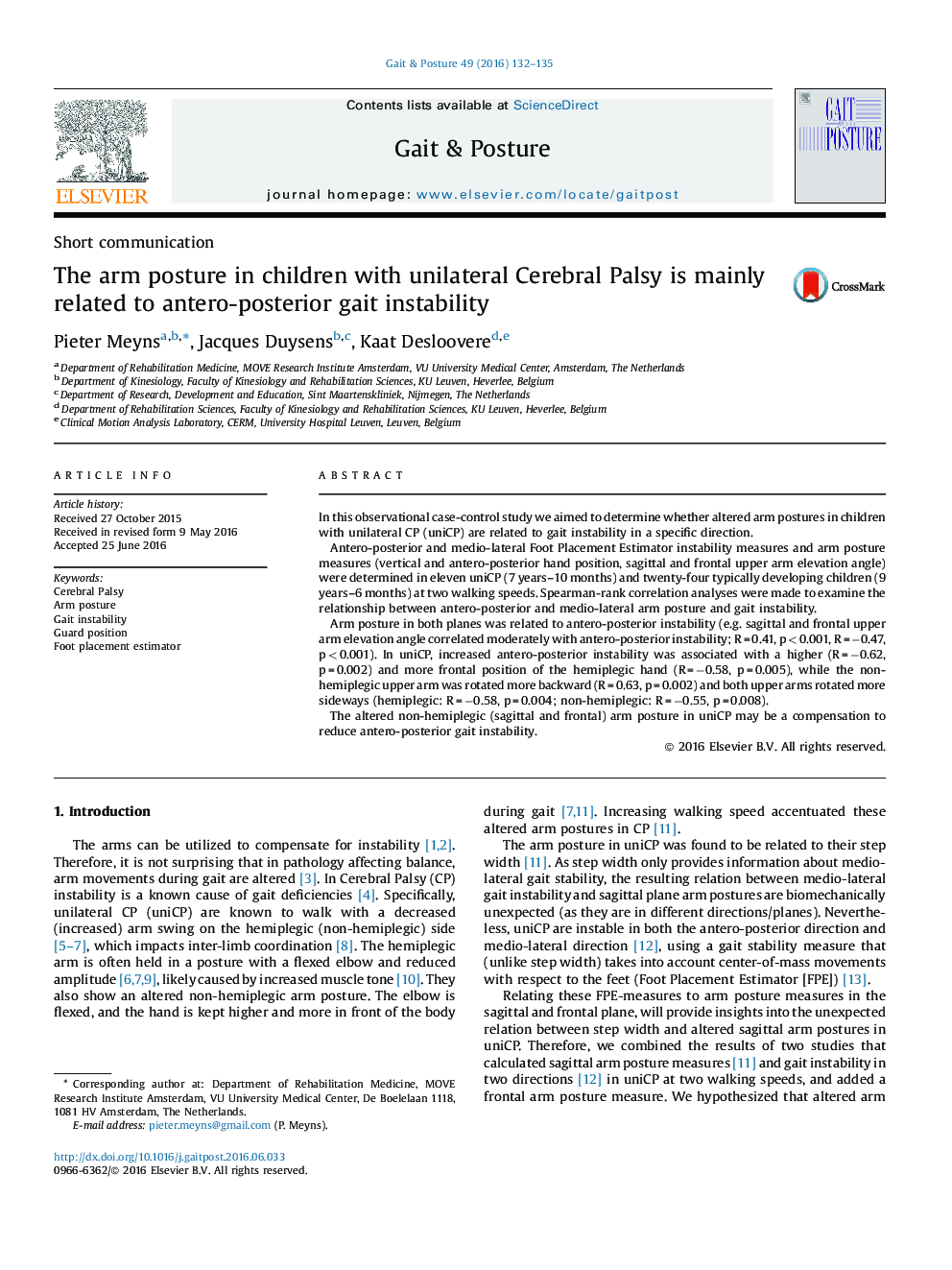 The arm posture in children with unilateral Cerebral Palsy is mainly related to antero-posterior gait instability