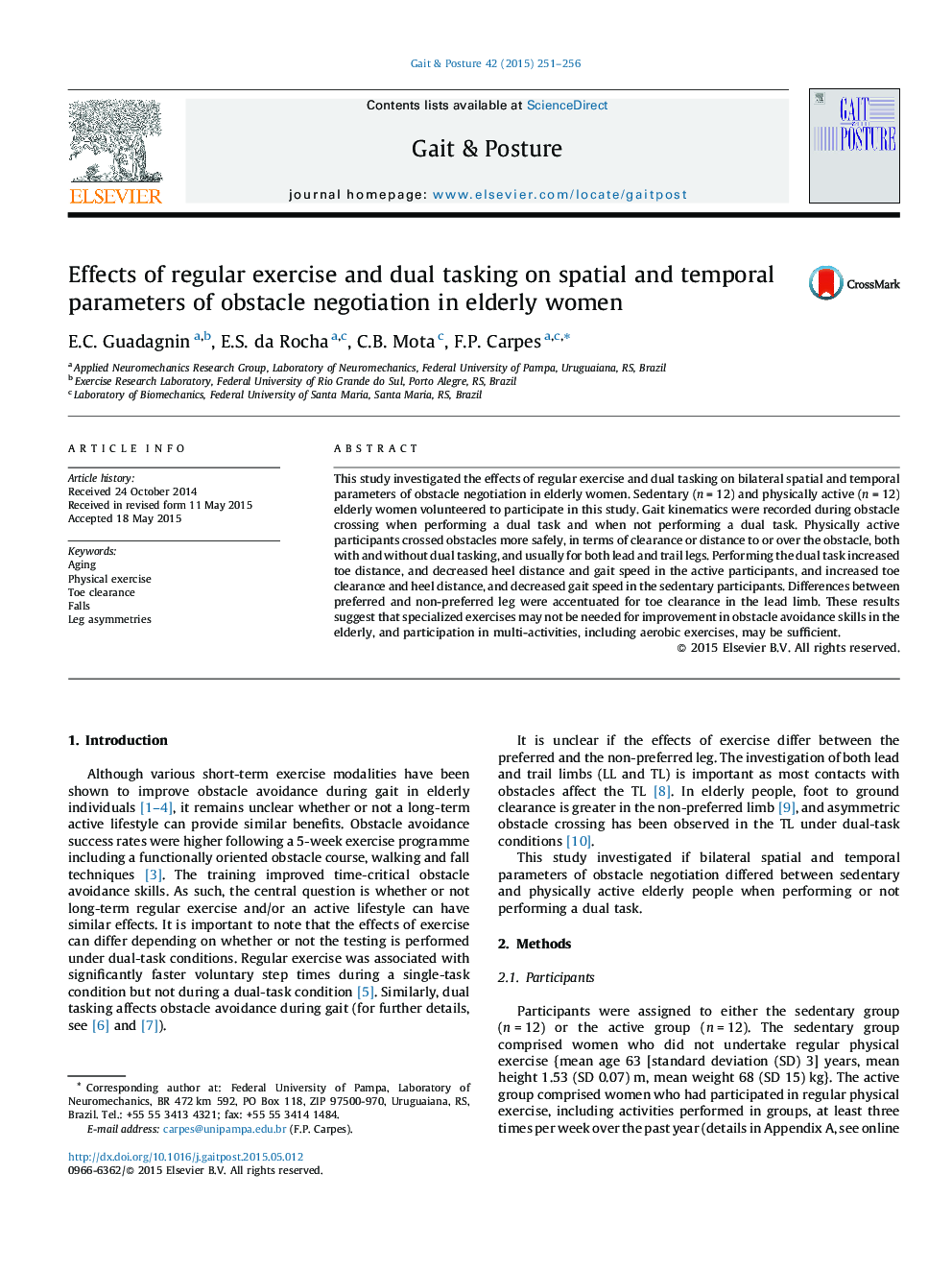 Effects of regular exercise and dual tasking on spatial and temporal parameters of obstacle negotiation in elderly women